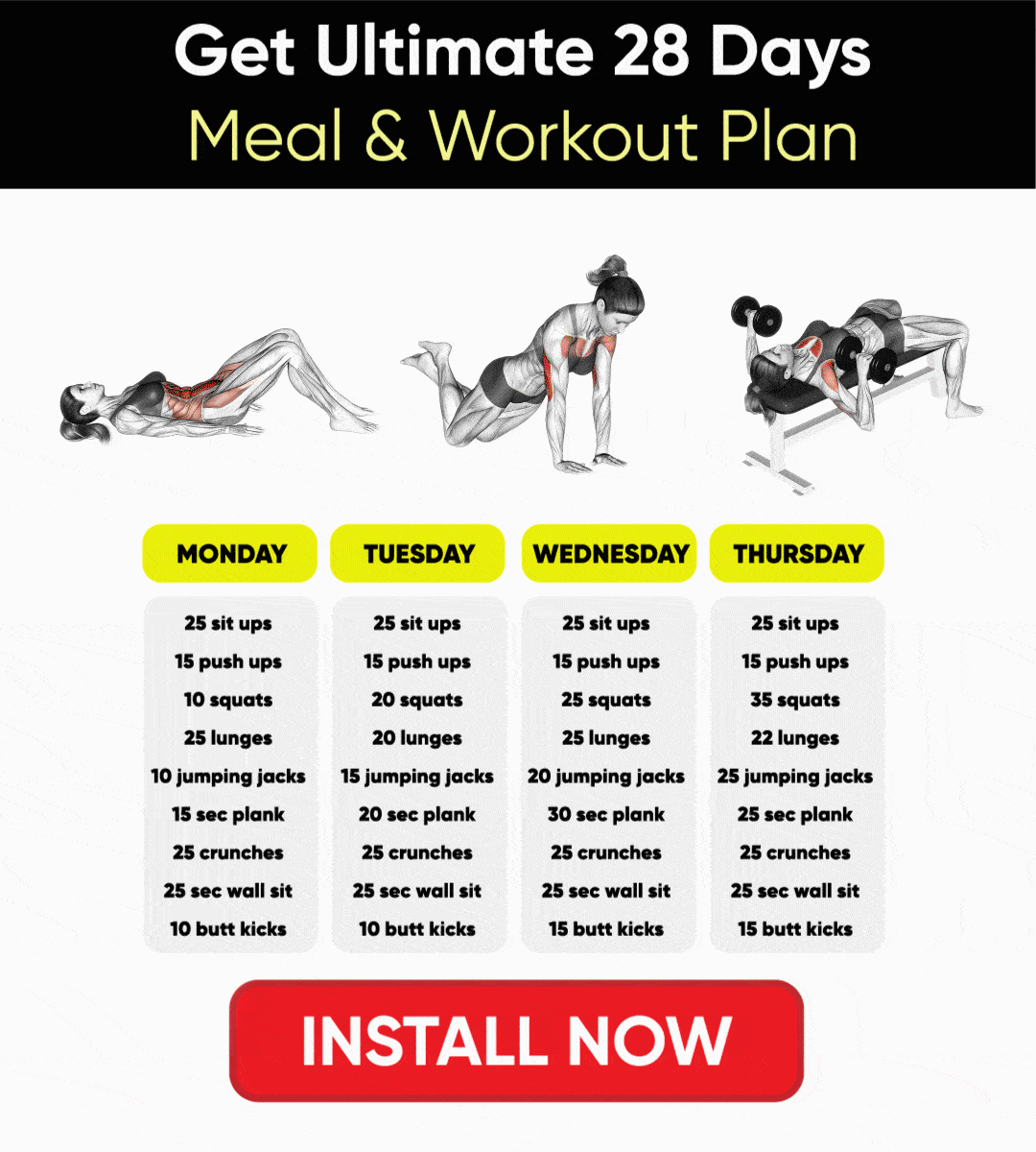 Holen Sie sich den ultimativen 28-Tage-Mahlzeiten-Workout-Plan